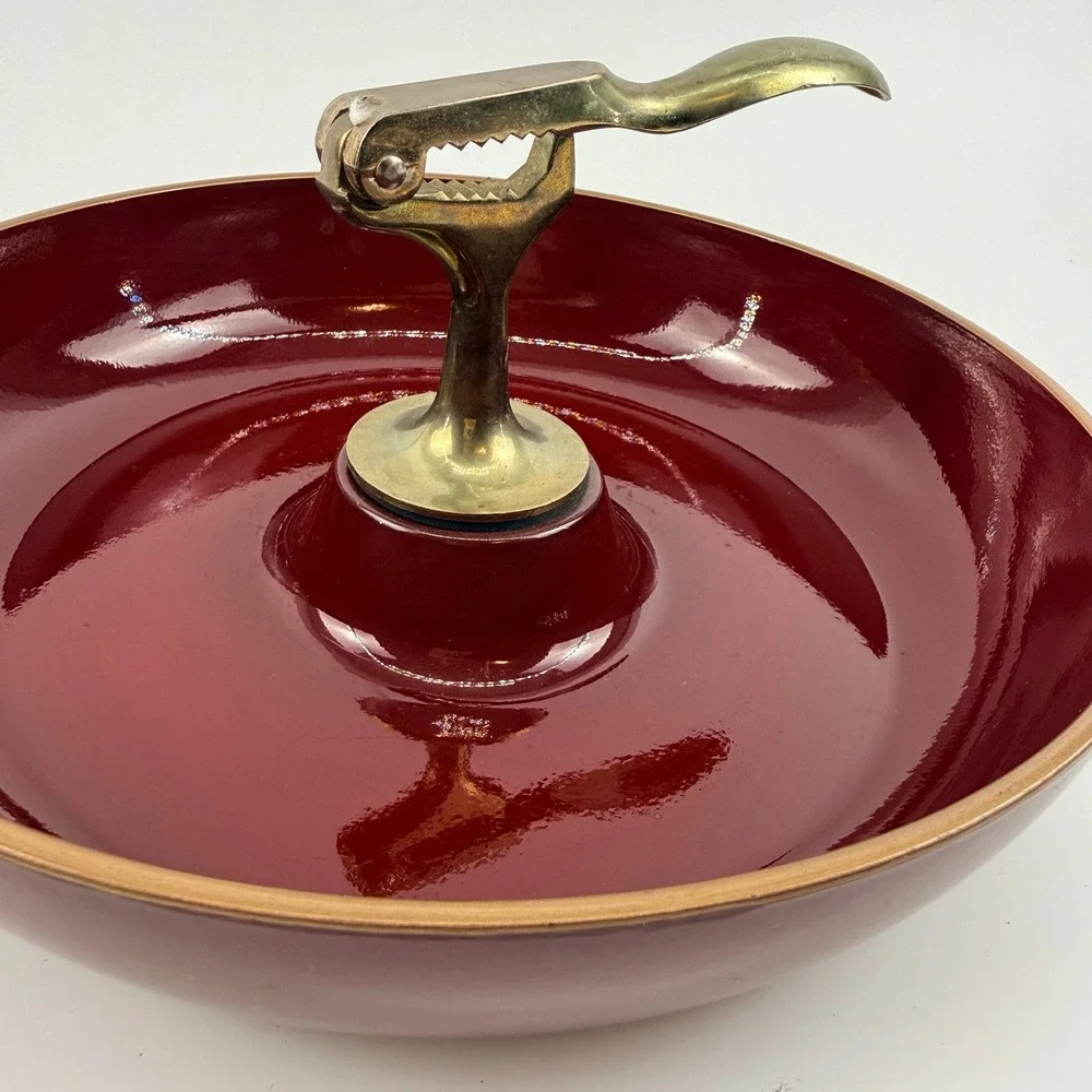 Vintage Japanese Lacquer Nut Bowl with Brass Nutcracker Burgundy Made in Japan